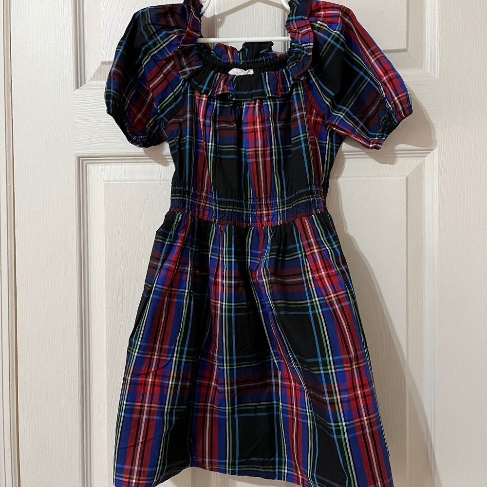 J.Crew puff-sleeve dress in black Stewart tartan-NWT